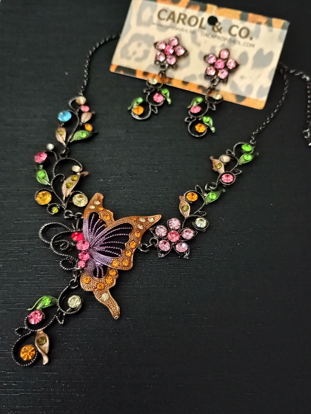 Vintage Carol & Co Multicolor Butterfly Statement Necklace and Earrings Set